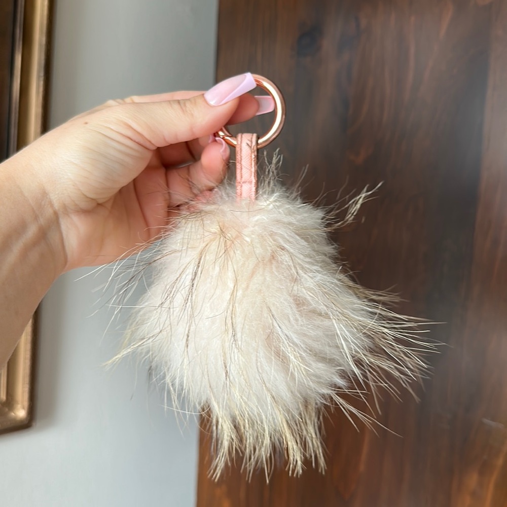 Pink and rose gold real fur puffball keychain